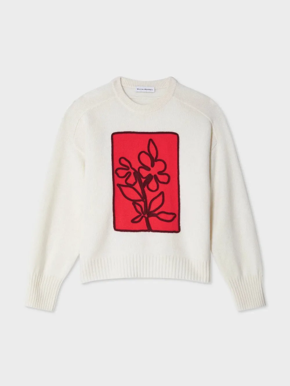 Wool & Cashmere*White and Warren White + Warren - Cashmere Floral Applique Crewneck SOFT WHITE/BRIGHT SCARLET