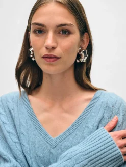 Wool & Cashmere*White and Warren White + Warren - Cashmere Featherweight Cable Vneck SLATE BLUE