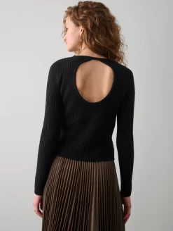 Wool & Cashmere*White and Warren White + Warren - Cashmere Open Back Ribbed Top BLACK